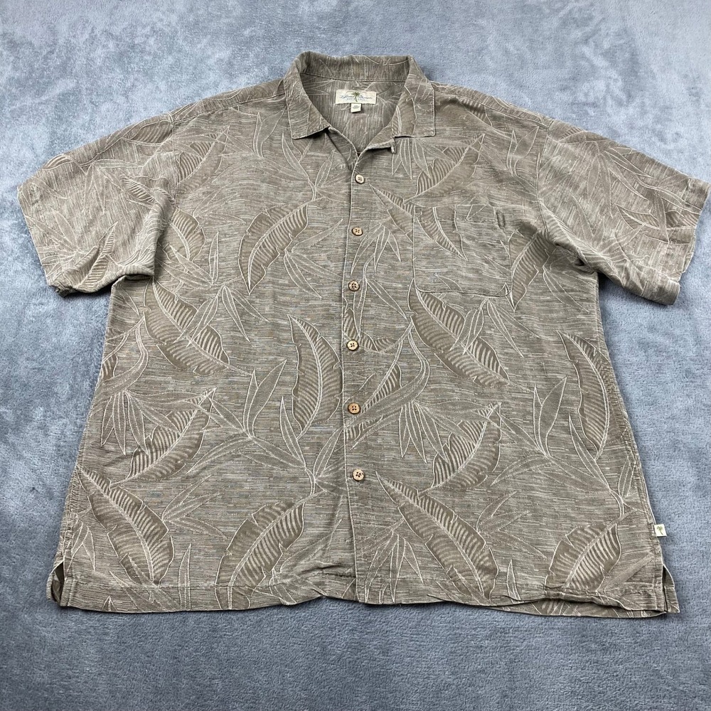 Island Shores Men 2X Shirt Brown Silk Tropical Leaf Print Short Sleeve Button Up